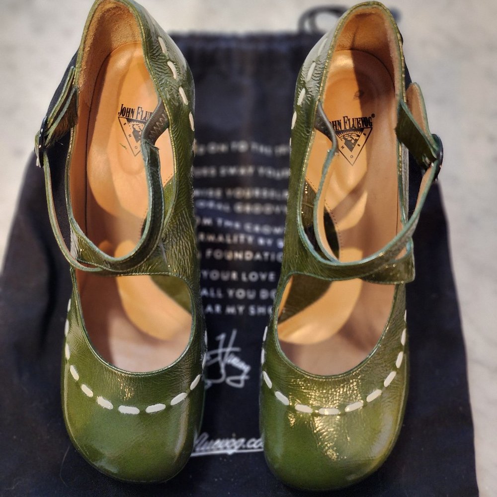 Patent leather green Fluevog Operettas with white trim